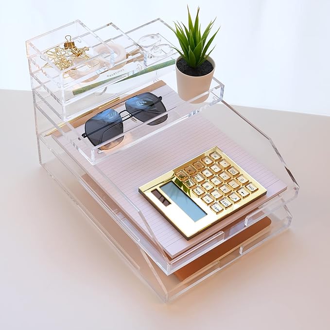 (2pcs Pack) Stackable Clear Acrylic Paper Trays, Desk File Organizer, A4 Paper Holder, Letter Tray