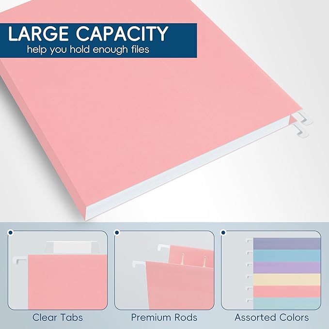 Hanging File Folders, 25 Pack Letter Size File Folders with 1/5-cut Tabs, Office Essentials for Filing Cabinet & Desk Storage