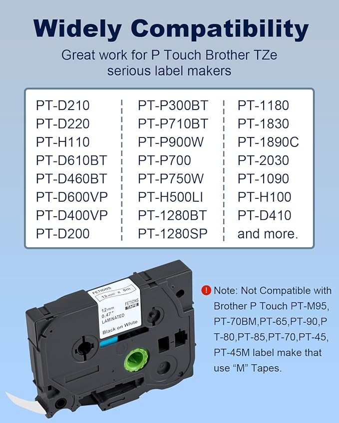 Label Maker Tape TZe-231 Replacement for Brother P Touch PT-D210 PT-D220 PT-H110 PT-D600 D400 by FETIONS, Compatible with TZe TZ 12mm X 8m Laminated Waterproof Label Tape, 2 Pack