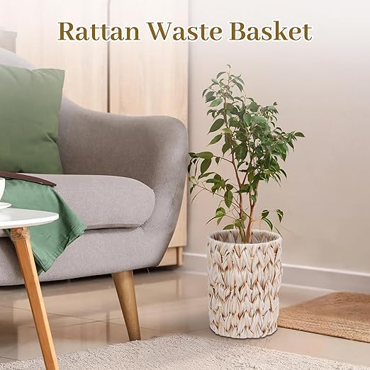 Boho Wicker Trash Can with Lid,Waterproof Bathroom Trash Can Hand Woven Wicker Waste Baskets for Kitchen Office Bedroom