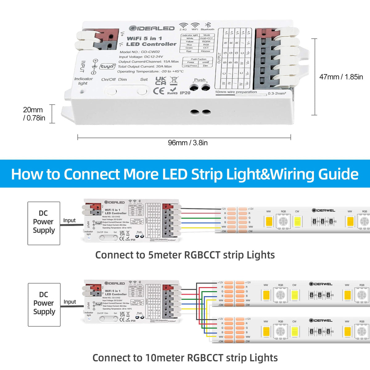 GIDERWEL Smart 5 in 1 WiFi LED Controller RGBWW for Strip Lights RGBCCT RGBW RGB CCT and 5 White Strips,Work with Alexa/Google Assistant,APP/Voice Control Color Change Dimming(Only a WiFi Controller)