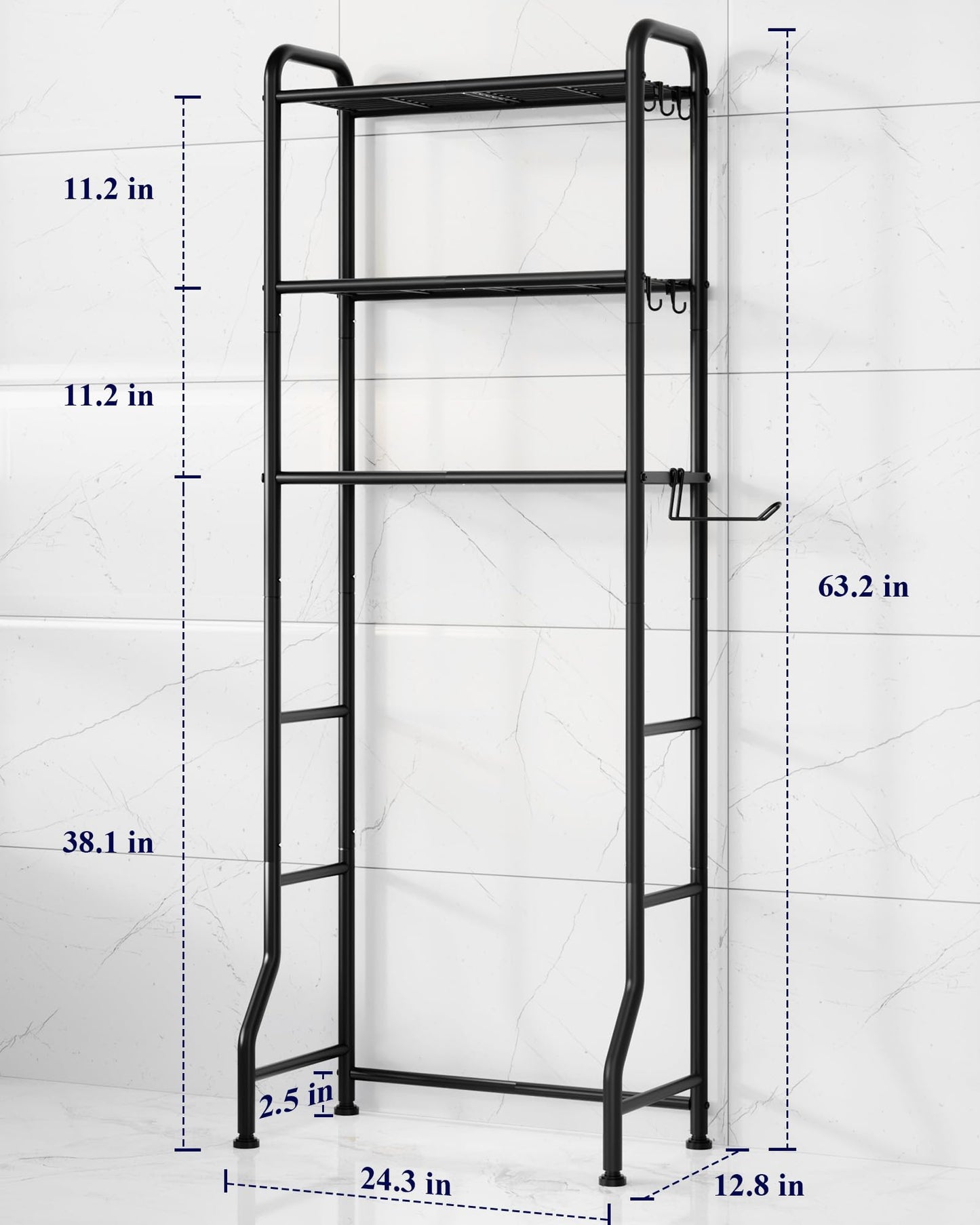 Kitsure Over Toilet Storage Rack - Metal Over Toilet Bathroom Organizer Shelf, Over the Toilet Storage Cabinet with Paper Holder and Hooks, Bathroom Cabinet for Laundry, Black, 3 Tiers (63.2" H)