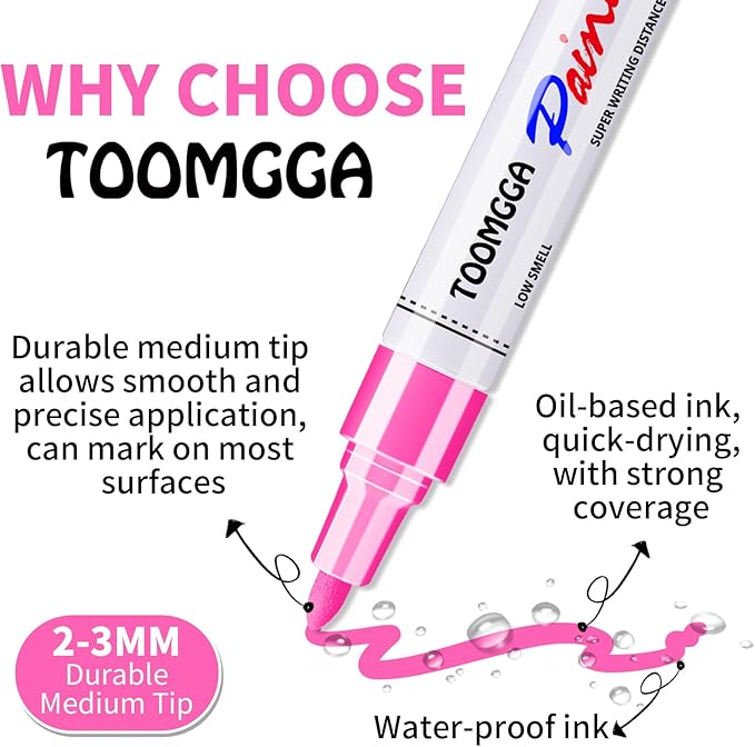 Pink Permanent Paint Pens - 2 Pack Oil Based Paint Markers for Rock Painting Car Tyre Metal, Plastic, Canvas, Mugs, Wood, Glass, Quick Drying and Waterproof, Medium Point