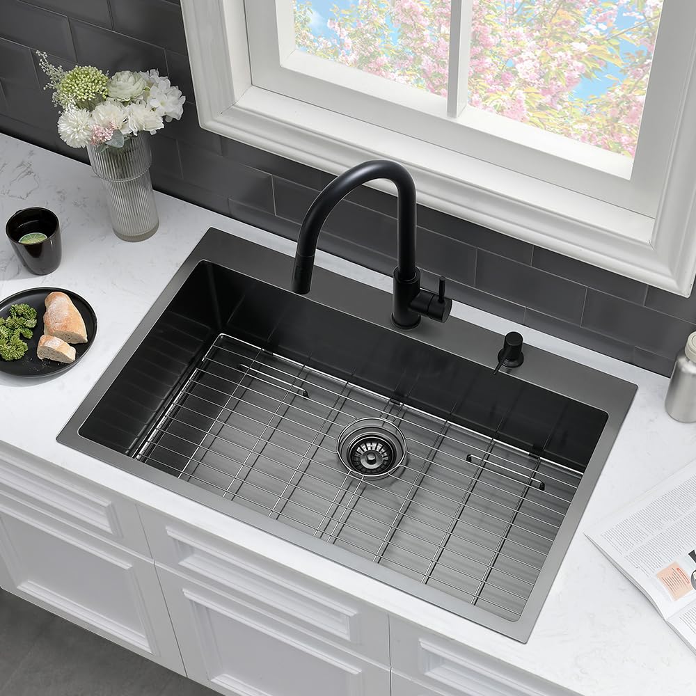 33 Black Kitchen Sink with Faucet Combo-VASOYO 33 x 22 Drop In Kitchen Sink Top Mount Black Stainless Steel Deep Single Bowl Over Mount Sinks with Faucet Combo Set