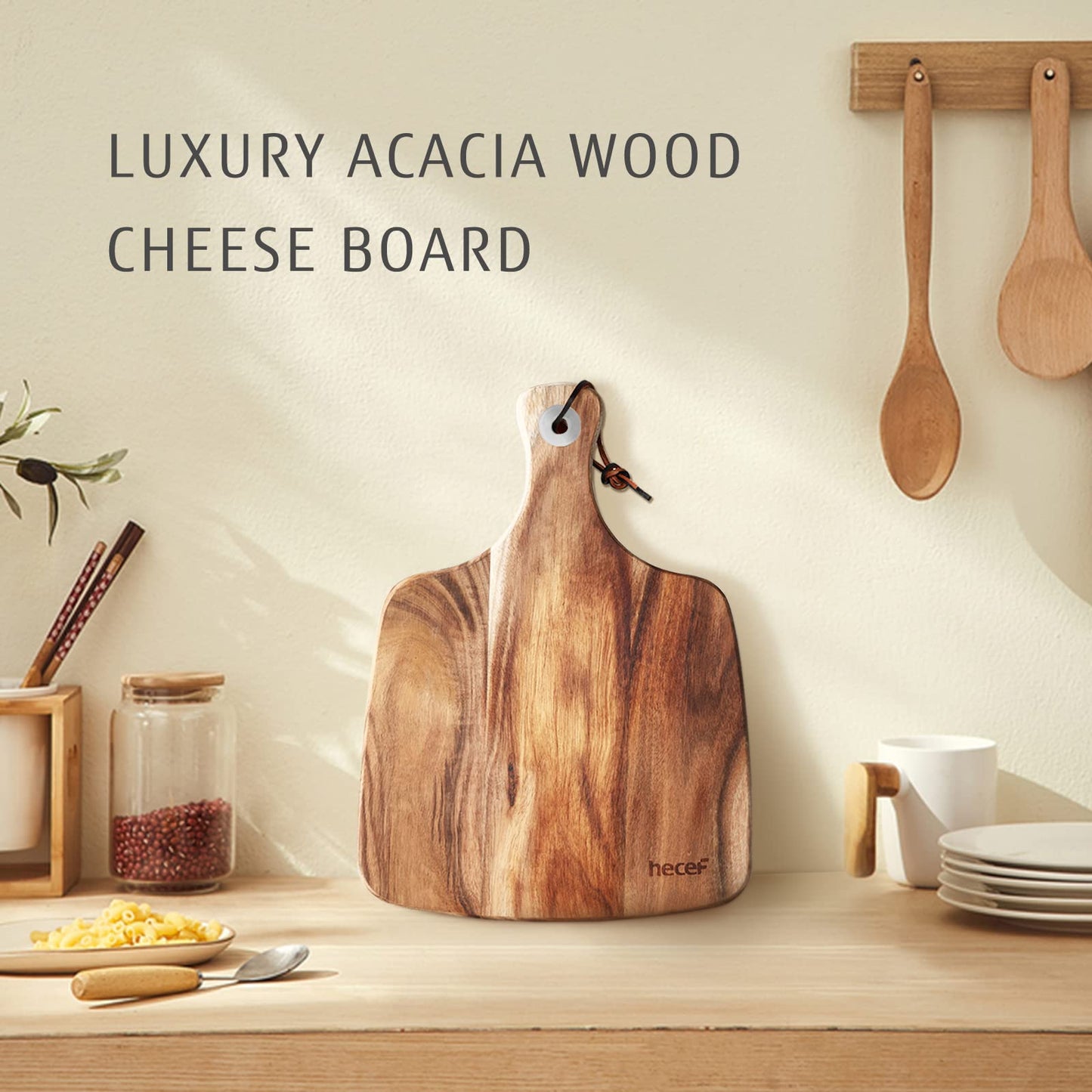 hecef Cheese Board set of 3,a Acacia Wood Cheese Plate, a Knife, a Fork, Charcuterie Board Platter Slate Serving Set for Appetizer Birthdays, Weddings, Housewarming (Cheese board with 2 knives)