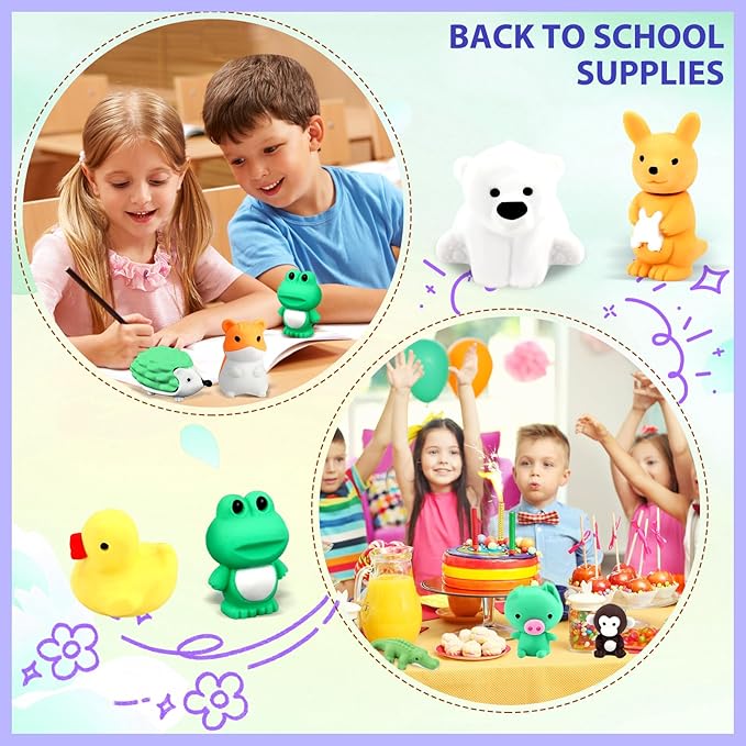 34Pcs Animal Erasers Bulk Cute Desk Pets Kids Puzzle Erasers Take Apart Cool 3D Eraser Mini Pencil Eraser Fun Party Favors for School Supplies Classroom Rewards Easter Egg Fillers Gifts