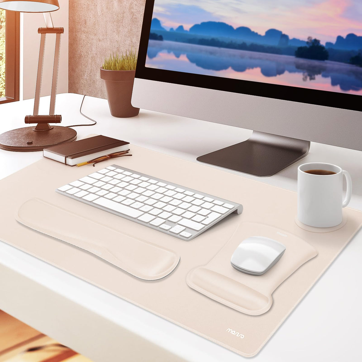 MOSISO Keyboard Mouse Pad Set, Large Gaming Mousepad&Keyboard Wrist Rest&Mouse Wrist Rest&Coaster, Ergonomic Non-Slip Mousepad&Easy Typing Cushion with Memory Foam for Home Office, Apricot