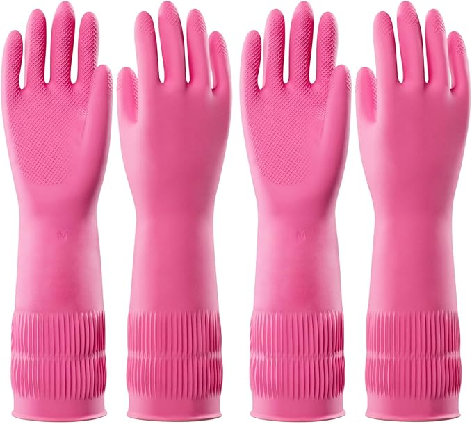 PACIFIC 2 Pairs Reusable Rubber Gloves for Washing Dishes and Cleaning Tasks, Water Resistant Household Gloves for Kitchen Bathroom, Grippy Latex Dish Washing, Pink, Meidum