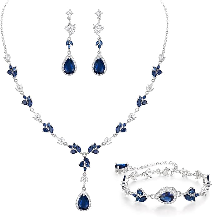 Crysdue Teardrop Bridal Jewelry Set for Wedding Party, Silver/14K/Rose Gold Plated Prom Costume Jewellery for Bride Bridesmaids Women, Cubic Zirconia Necklace Dangle Earrings Bracelet