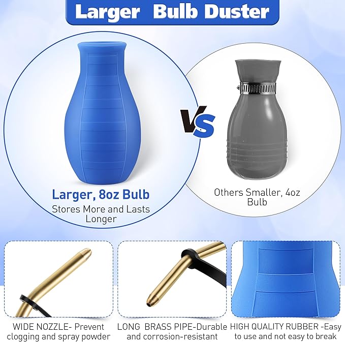 Qualirey Diatomaceous Earth Powder Duster, Blue, 16 oz, 9" Long Metal Tube, Bulb Duster Sprayer for Organic Gardening & Pest Control