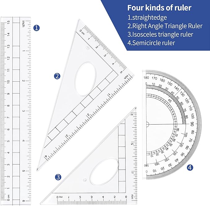 Math Geometry Kit Sets 10 Piece Student Supplies with Shatterproof Storage Box,Includes Rulers,Protractor,Compass,Eraser,Pencil Sharpener,Lead Refills,Pencil,for Drafting（Navy Blue）