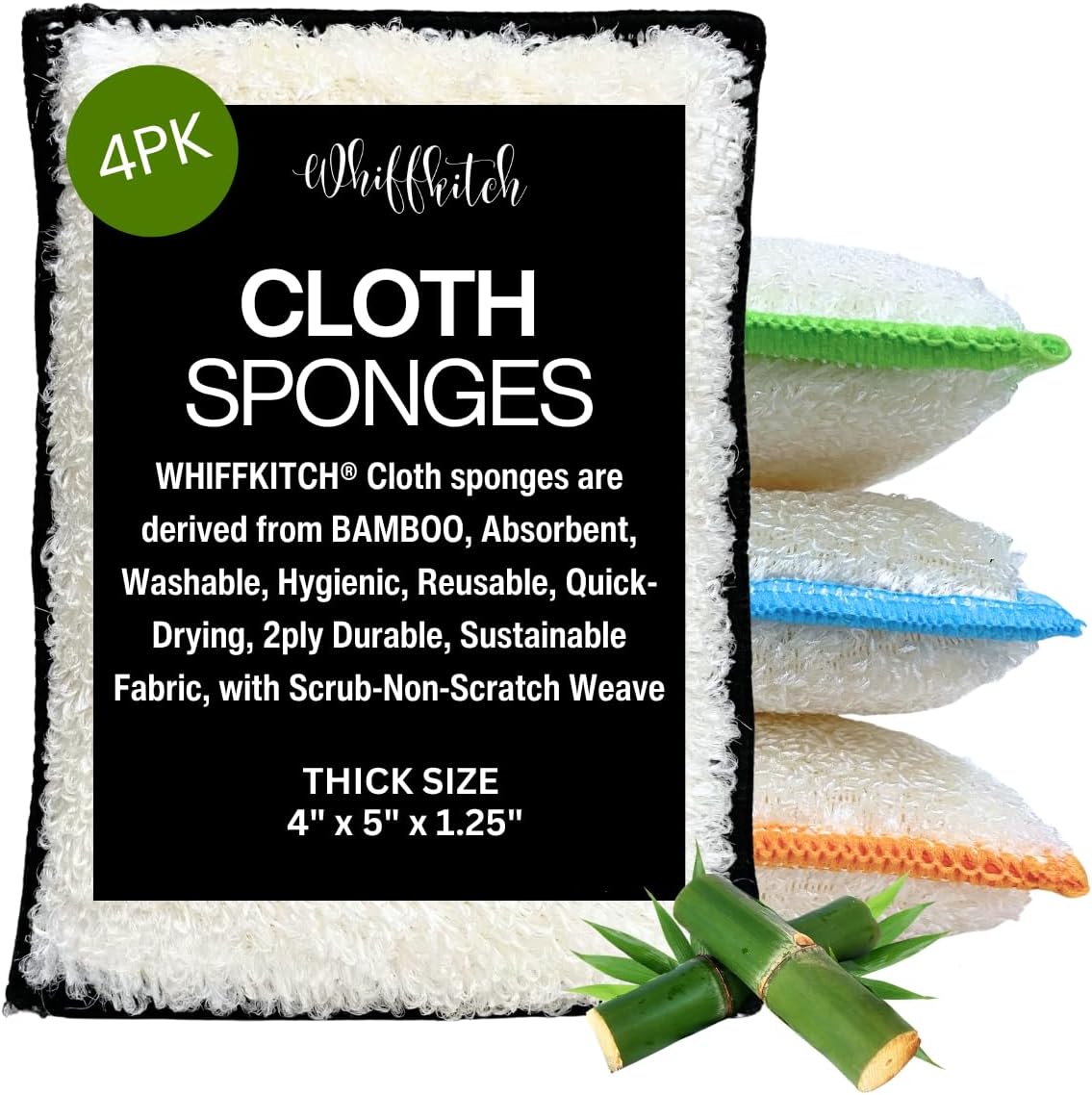 Whiffkitch Bamboo Fiber Kitchen Sponges â Washable Multicolor Non Scratch Dish Sponge Set for Sink, Dishes, and Countertops â Durable Household Cleaning Pads, Washable Dishwashing Scrubbers, 4-Pack