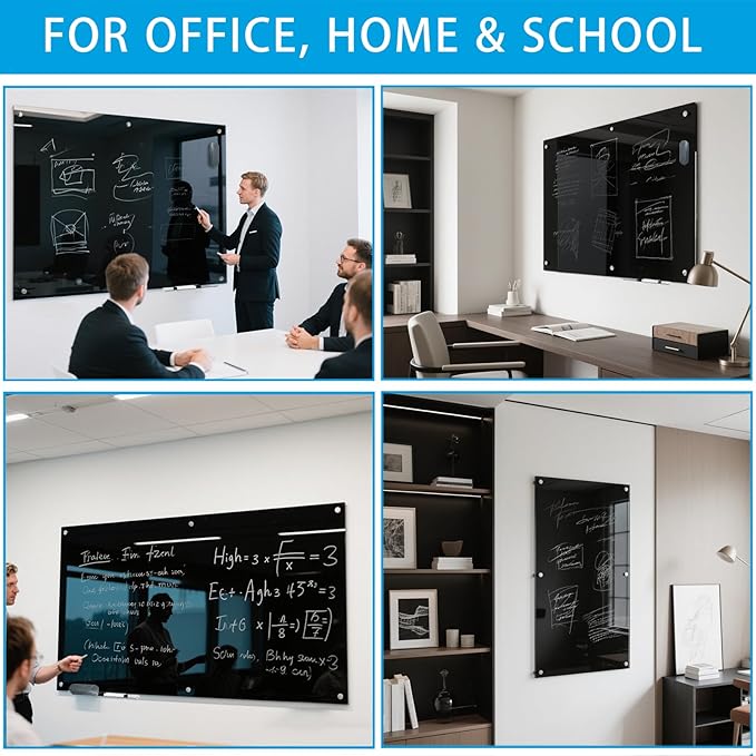 KIZZBY Magnetic Glass Dry Erase Board - Large Black Whiteboard for Wall 72"x48" Frameless Black Board for Office, Home & School