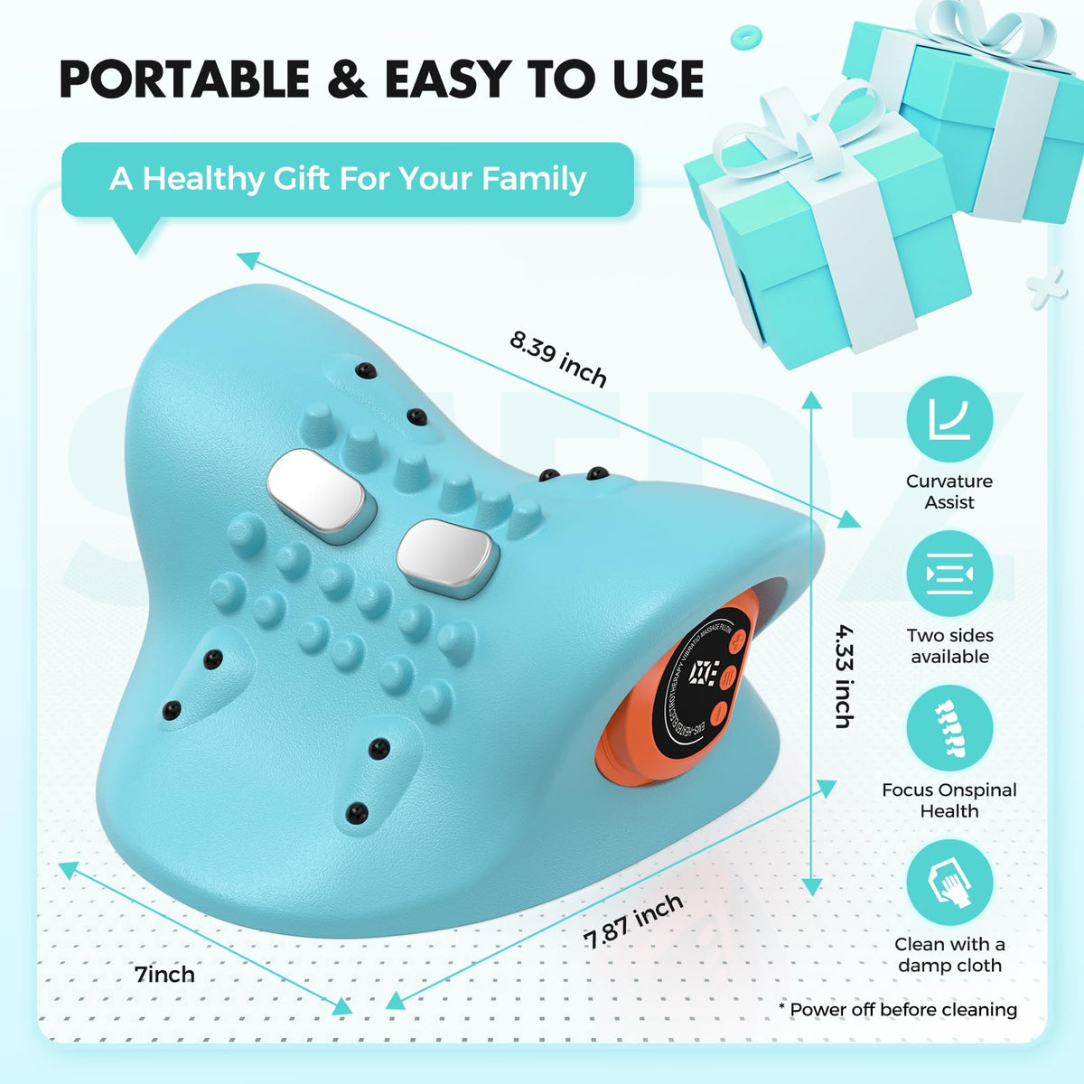 Smedz 2025 Rechargeable Portable Neck Massager Pillow3-in-1 Shiatsu Neck & Back Massager with Remote Control - Heat/Vibration/Deep Tissue Modes, Portable for Car/Office/Home, USB-C Rechargeable