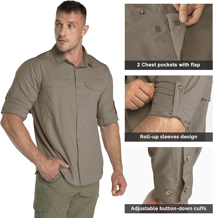 33,000ft Men's Long Sleeve Hiking Shirts Lightweight Quick Dry Sun Protection UV UPF 50 Fishing Shirt Outdoor Safari Travel