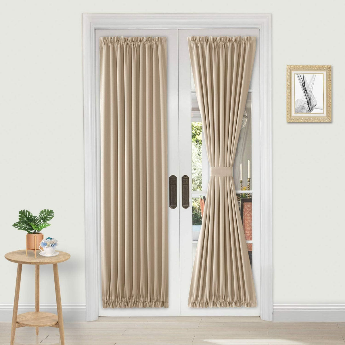 DWCN French Door Curtains – Rod Pocket Thermal Blackout Curtain for Doors with Glass Window, Kitchen and Patio Doors for Privacy, 36 X 72 Inches Long, 1 Curtain Panel with Tieback,Beige