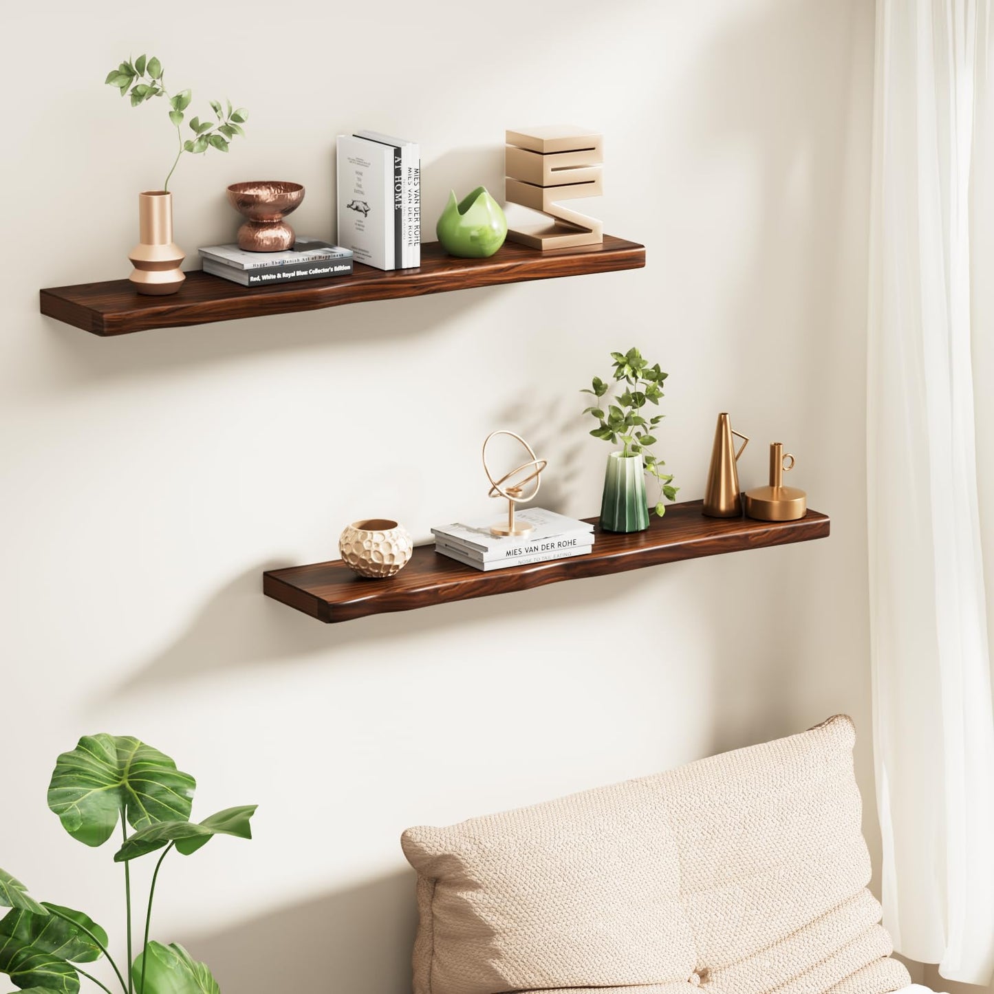Avytronx Solid Wood Live Edge Floating Shelves Set of 2 – 36" Rustic Wall Shelf with Hidden Bracket System, Wall Mounted Shelves for Bathroom, Kitchen, Living Room, Bedroom (Walnut)