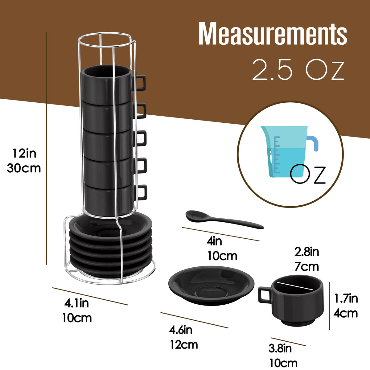 Houseables Espresso Cup Set, Espresso Cups Stackable, Expresso, Demitasse, with Saucers, Stand, Spoons, Coffee Mugs, Juego De Tazas Para Cafe, Porcelain, Stacking, 19 Pieces, Set of 6, 2.5 oz, Black