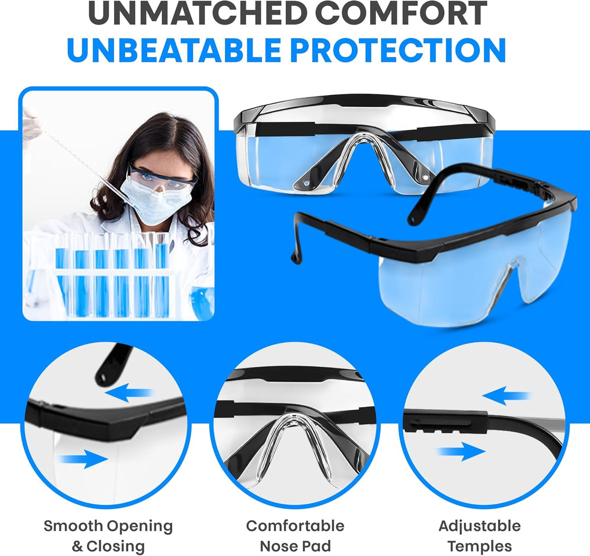 Safety Glasses, Full Coverage Lens, Built-in Brow Guard, UV Resistant, Anti-Fog, Anti-Scratches, Impact Resistant, Adjustable Side Frames, One Size Fits All, 12 Pack