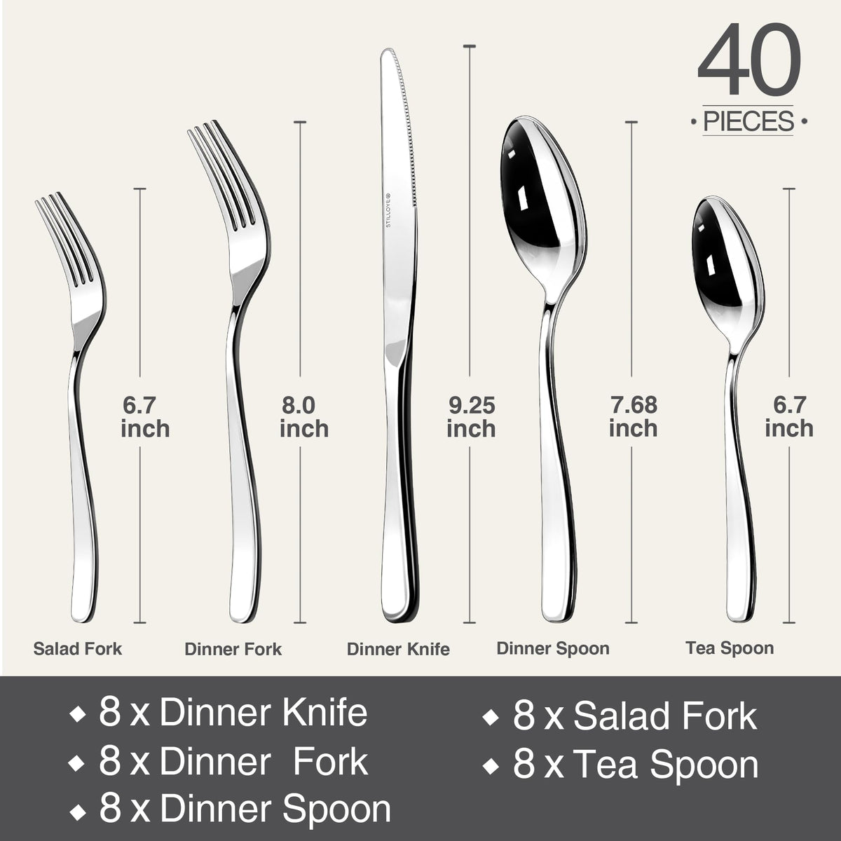 Silverware Set for 8, 40 Piece 18/10 Stainless Steel Flatware Utensils Cutlery Set, Mirror Polished knives Forks and Spoons Silverware Sets for Dinner,Wedding,Festival Gift,Dishwasher Safe,Rust Proof