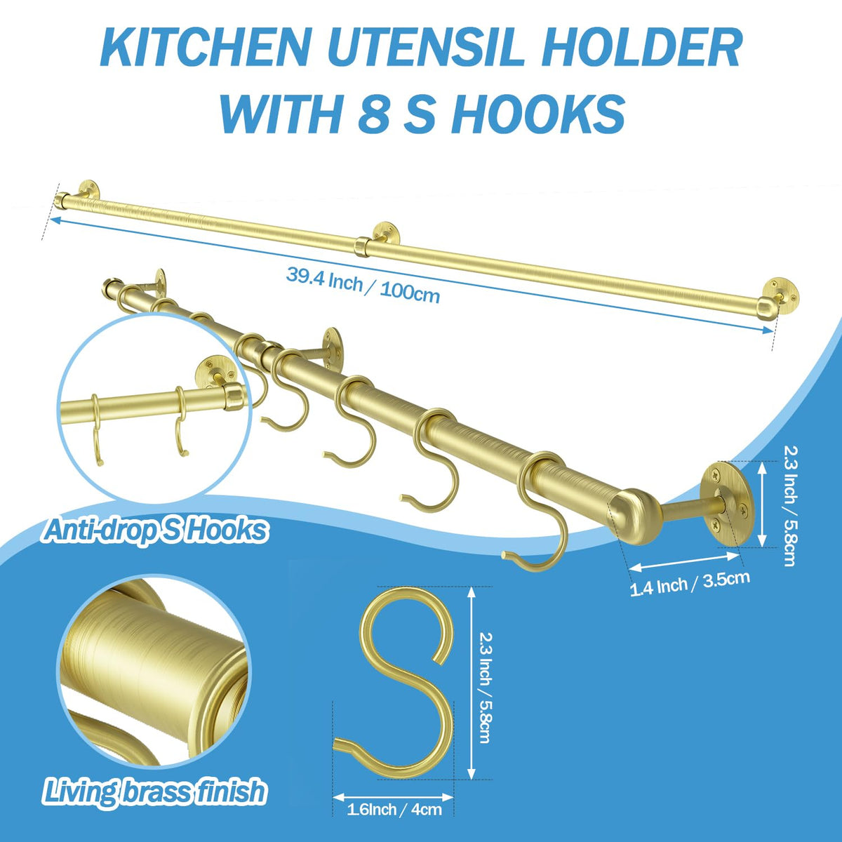 ROTHLEY Stainless Steel Pot and Pan Hanger - 39.4 Inch Wall Mounted Hanging Pots and Pans Rack for Kitchen Wall Rail with Hooks (Brass)