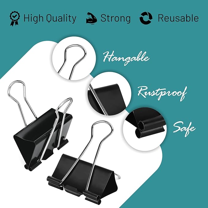 Binder Clips - 144 Medium Binder Clips, 1.25 Inch Black Paper Clamps, File Clip for Home, Office and School Supplies
