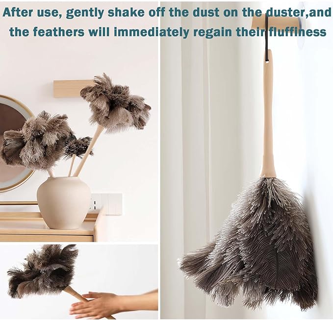 Feather Duster, Feather Dusters for Cleaning Ddzmz Fluffy Natural Genuine Ostrich Feathers with Wooden Handle Reusable Handheld Ostrich Feather Duster Cleaning Supplies, Gray and Brown(Length 16")