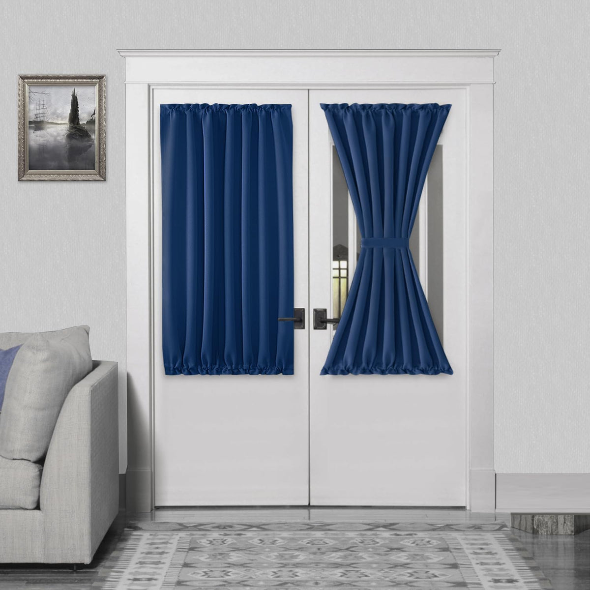 DWCN French Door Curtains – Rod Pocket Thermal Blackout Curtain for Doors with Glass Window, Kitchen and Patio Doors for Privacy, 54 X 40 Inches Long, 1 Curtain Panel with Tieback,Classic Blue