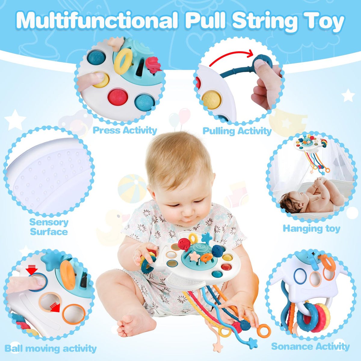 Springflower 5 in 1 Montessori Toys for Babies 0-3-6-12 Months, Soft Baby Teething Toys, Sensory Bin Toy, Stacking Building Blocks & Rings Infants,Developmental Toddler,Gift 12-18 Months