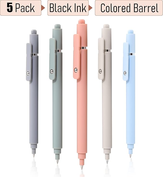 RIANCY Gel Pens, 0.5mm Black Ink Quick Dry Ball Point Pens, Fine Point Smooth Writing Retractable Pens, Cute Aesthetic Gifts Set for Men Women Journaling, Office School Stationery Supplies Pack of 5