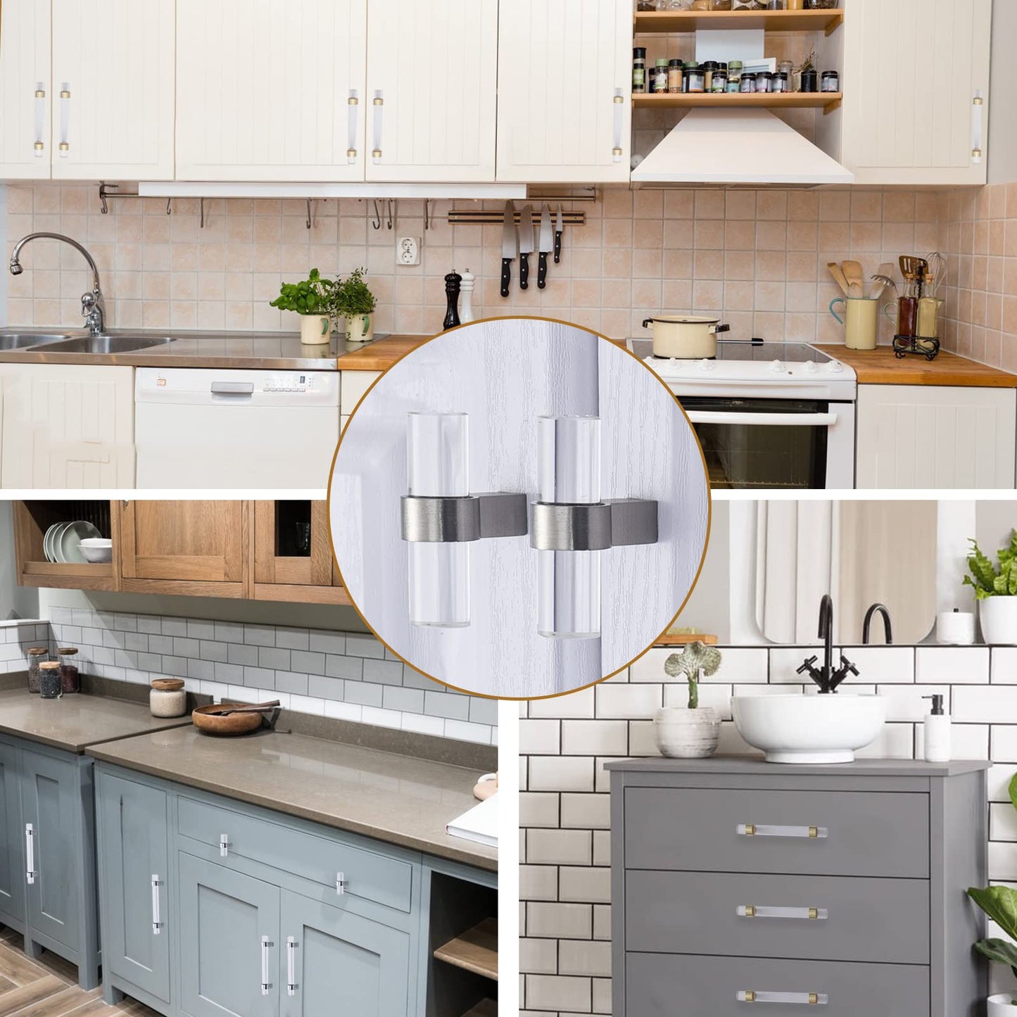 BonKuDoo 10 Pack Brushed Nickel Cabinet Knobs Clear Glass Crystal Drawer Knobs Kitchen Cabinet Pulls and Knobs for Dresser Drawers T-Bar
