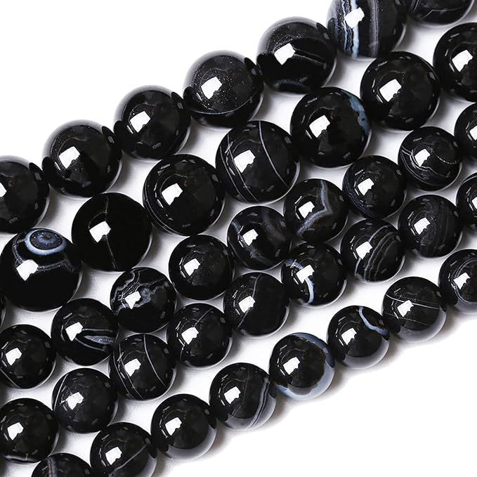 32PCS 12mm Natural Black Striped Agate Beads Gemstone Round Loose Beads for Jewelry Making DIY Bracelet Necklace 15" Inch