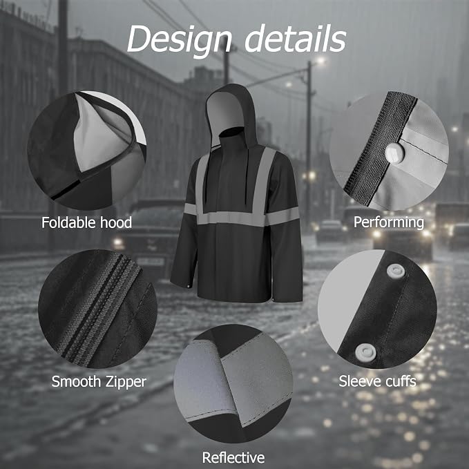 Rain Jacket, High Visibility Rain Coat, Waterproof Raincoat with Hood, Lightweight Rain Suit for Outdoor Activities, Rain Ponchos for Adults Reusable, Men Women, Black T, S-M
