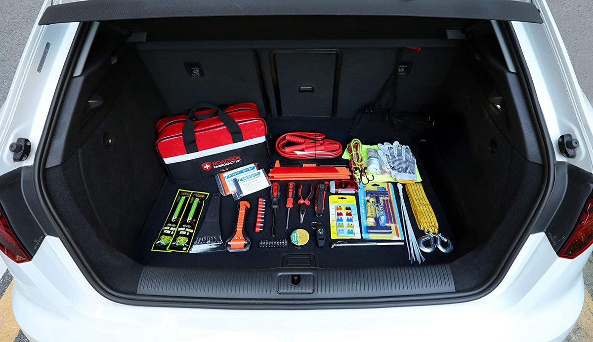Kitgo Car Emergency Kit,Premium Roadside Assistance Essentials with Jumper Cables, Flashlight, Shovel, Screwdriver Set - Ideal Auto Road Safety Kit, Survival, Truck, RV and More Gift for Father (Red)