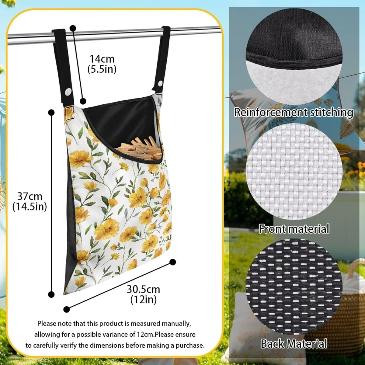 Yellow Floral Clothespin Bag Space-Saving Laundry Hanging Storage Organizer Clothes Pin Hanging Bag with Rope Holds 100 Clothes Pins for Clothesline Outdoor Clothespin Accessory Bag