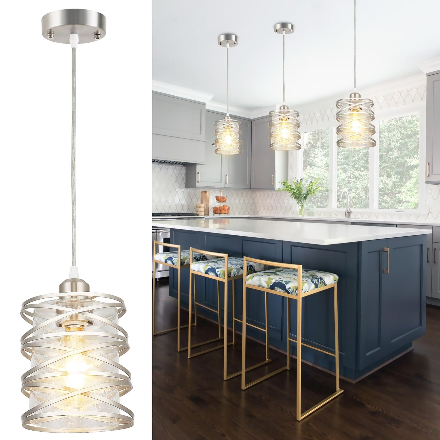 foucasal Brushed Nickel Pendant Light for Kitchen Island, Spiral Iron Pendant Light Fixtures with Seeded Glass Shade, Adjustable Height Hanging Pendant Lighting for Dining Room Hallway Kitchen Foyer