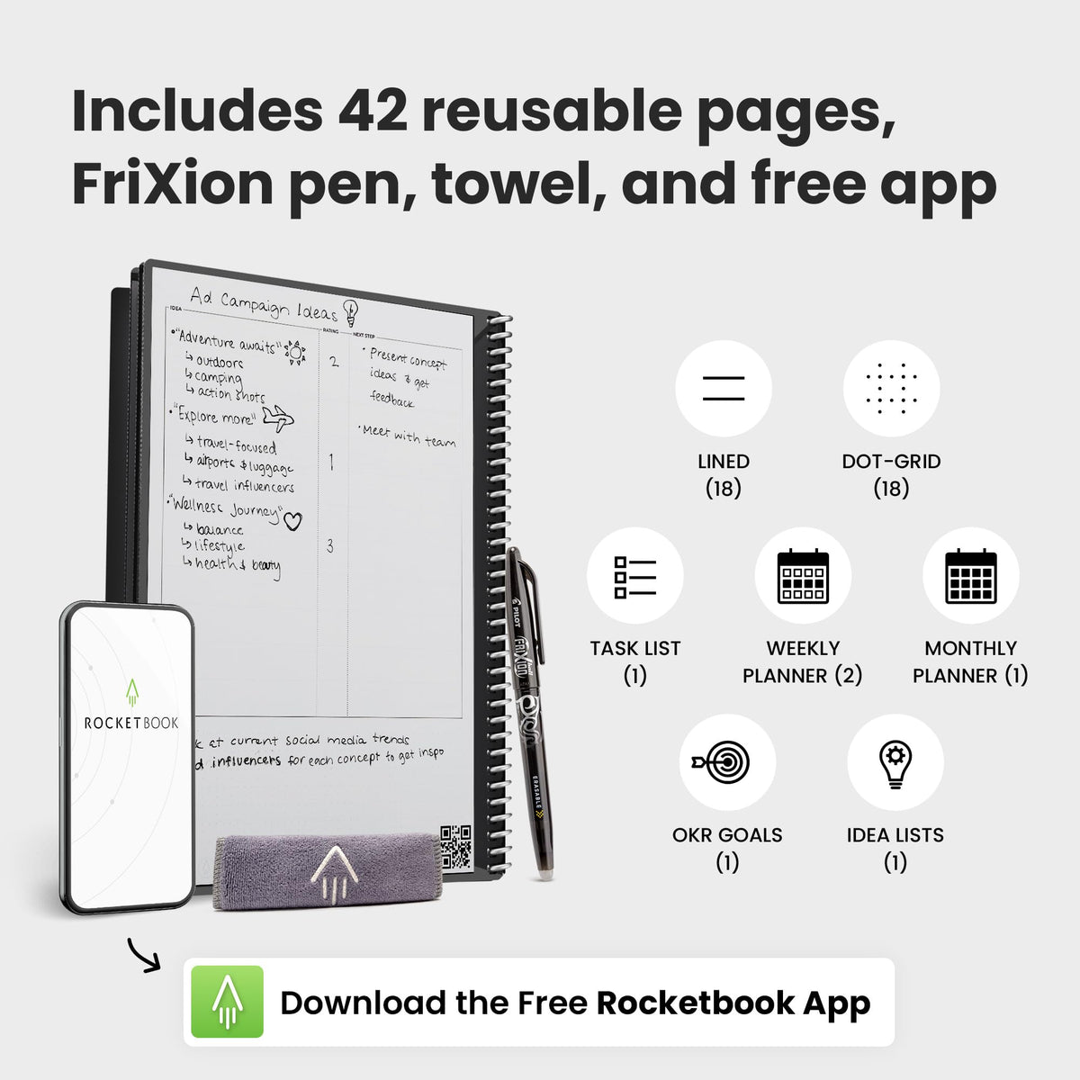 Rocketbook Fusion Reusable Undated Productivity Planner, Letter Size 8.5x11, Gray - Goals, Monthly and Weekly Calendar, Daily To-do List, Lined and Dotted Notes Pages
