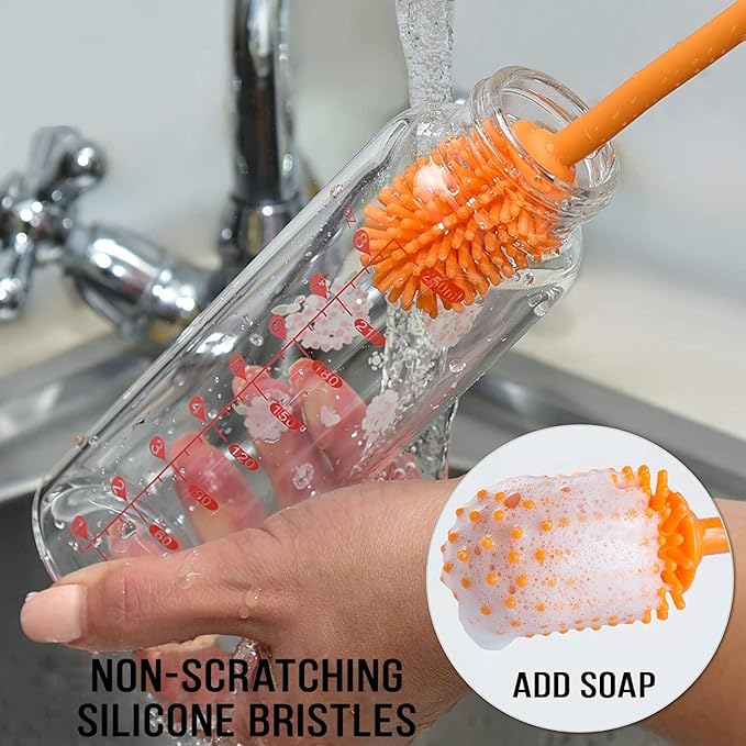 12.5" Silicone Bottle Brush & Straw Cleaner Brush Set | Water Bottle Cleaner for Hydro Flasks, Tumblers, Glassware, Vases and Narrow Neck Containers