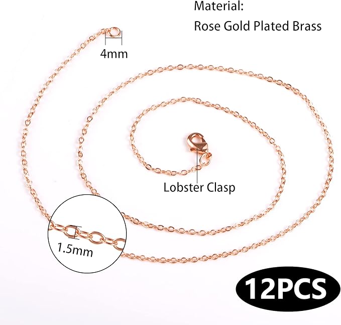 ALEXCRAFT Wholesale 12PCS Rose Gold Plated Solid Brass Chain Hypoallergenic Flat Cable Chains Link Bulk for Jewelry Making(18"(1.5MM))