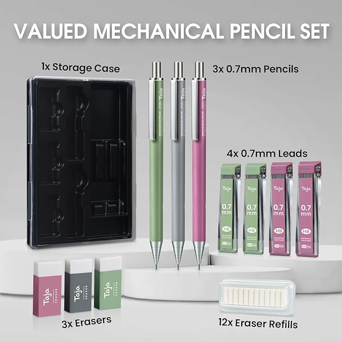 Aesthetic 0.7mm Mechanical Pencil Set with Case – 3 Vintage Mechanical Pencils, 4 Tubes HB #2 Lead Refills, 3 Erasers & 12 Eraser Refills, Cute Pencil Kit for Back to School Stationery Supplies