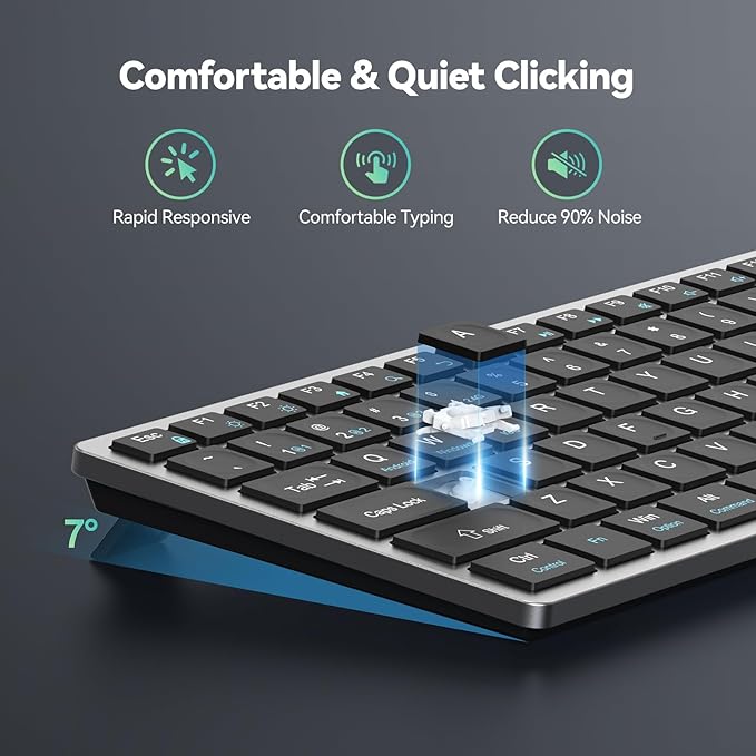 TECKNET Bluetooth Keyboard Rechargeable, 4-Device (2.4G+3BT) Wireless Keyboard, Ultra-Slim Quiet Typing, 14 Hotkeys Computer Keyboard for PC/Laptop/Smart TV/Tablet