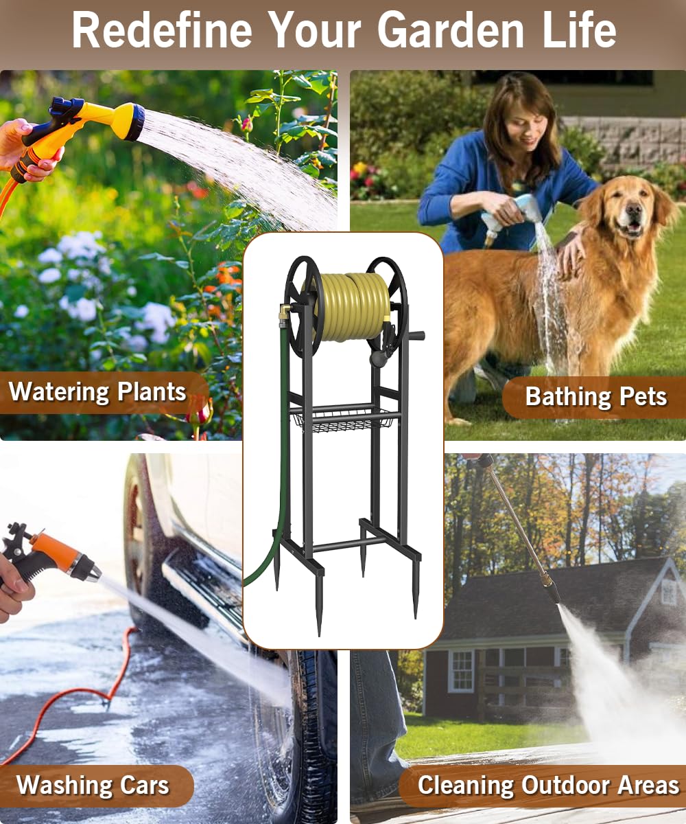 Garbuildman Ground Mount Garden Hose Reel Holds 125 Feet of 5/8-Inch with 3.9 ft Leader Hose, Brass Fitting, Water Hose Holder Stand with Storage Rack & 4 Spikes Base for Outdoor Lawn, Black