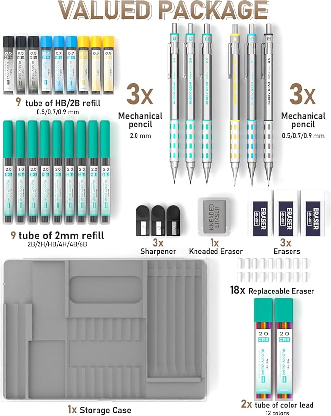 Nicpro Blocky Gear Art Mechanical Pencil Set with Case, 36PCS Metal Mechanical Pencils 0.5, 0.7, 0.9mm & 2mm Lead Holder for Drawing Sketching with 20 Tubes (6B 4B 2B HB 2H 4H Colors) Lead Refills