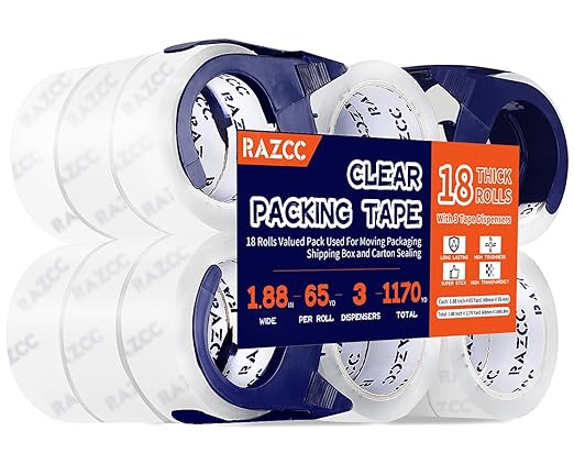 Packing Tape, 18 Rolls Clear Heavy Duty Packaging Tape with Dispensers for Packing, Shipping, Moving and Mailing, Thicker Sealing Tape-1.88" x 65 Yards Per Roll, 1170 Total Yards