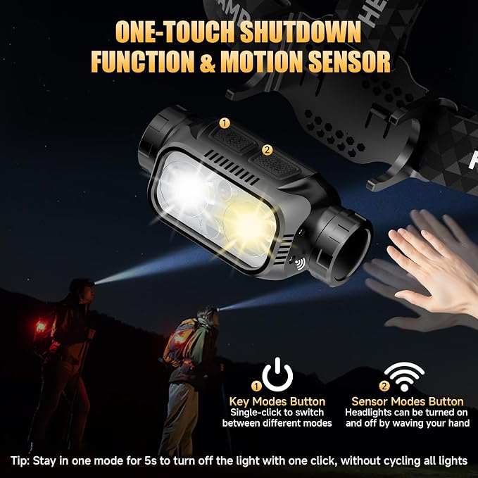 Atdoall Rechargeable LED Headlamp 6 Pack, High Lumen Super Bright Head Lamp with Red Light, Motion Sensor, 5 Modes, 90° Adjustable, Waterproof Lightweight Headlamps for Adult Running, Camping, Fishing