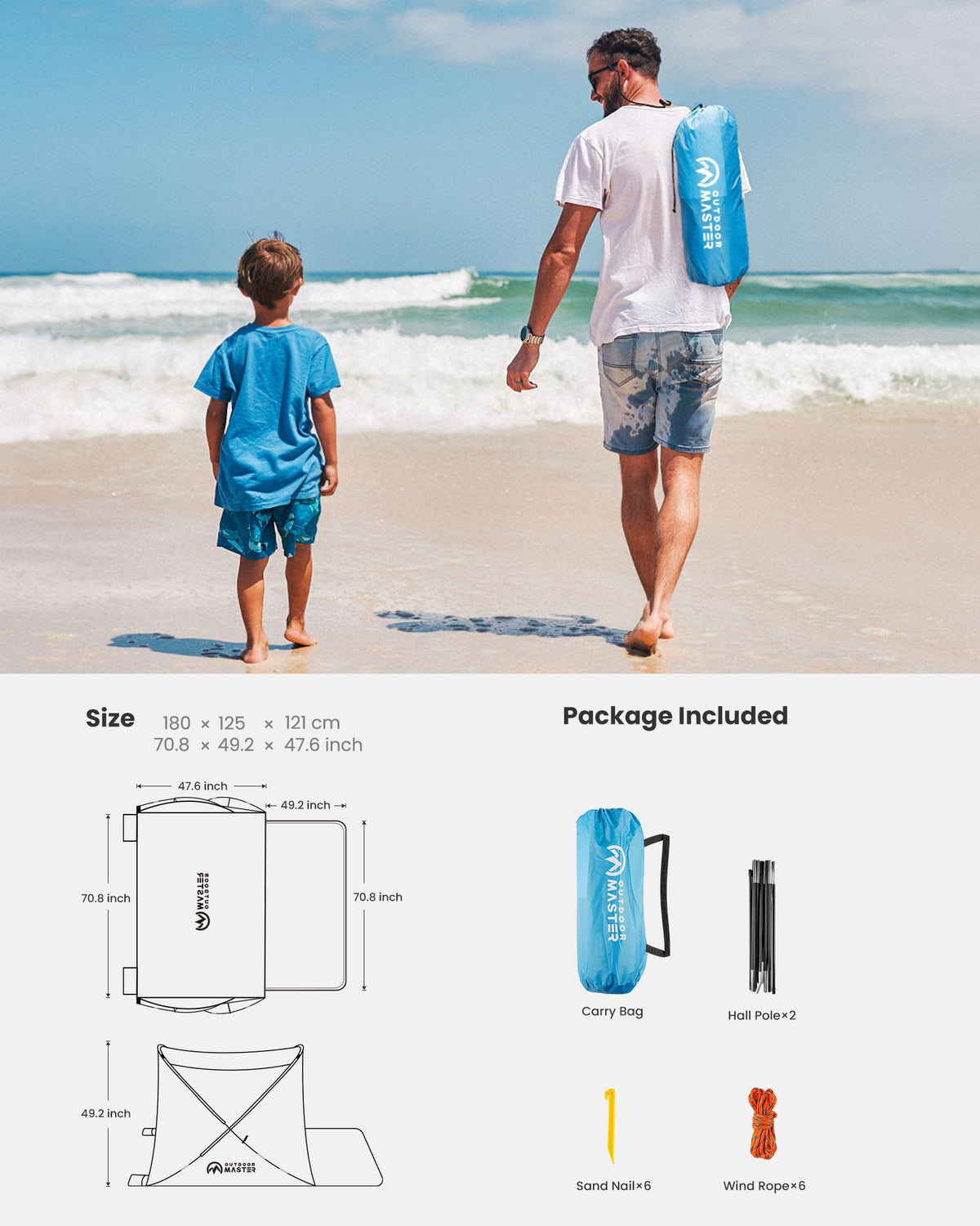 OutdoorMaster Beach Tent for 3-4 Person - Easy Setup and Portable Beach Shade Sun Shelter Canopy with UPF 50+ UV Protection Removable Skylight Family Size-Blue