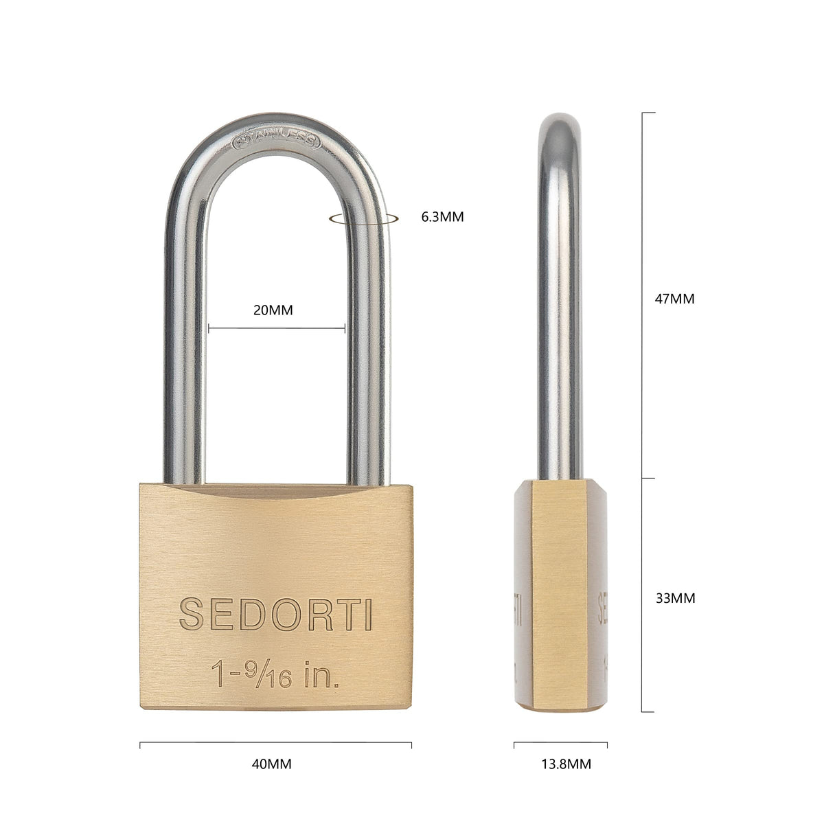 SEDORTI Outdoor Weatherproof Padlock with Stainless Steel Shackle and Solid Brass Body, Marine Grade Rustproof Long Lock for Sheds, Storage Unit School Gym Locker, Fence, Toolbox, Hasp Storage