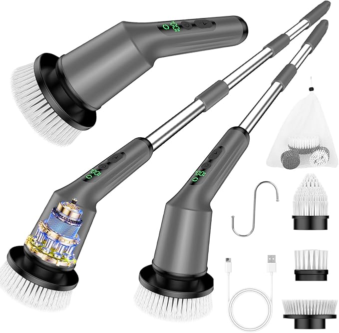 Electric Spin Scrubber for Cleaning Bathroom, Shower Scrubber Cordless Cleaning Brush with IPX7 Waterproof & 2 Speed, 3 Brush Heads, Bathroom Cleaning Supplies for Shower Tub Tile Toilet Grey
