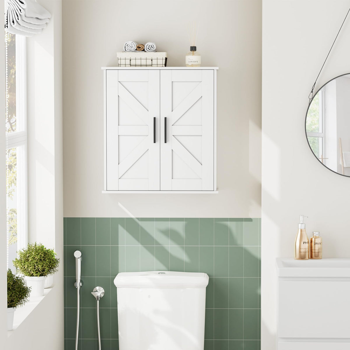 Homleke Bathroom Wall Cabinet, Over Toilet Storage Cabinet with Barn Doors and Adjustable Shelves, 3-Tier Medicine Cabinet Wall Mounted, for Bathroom, Kitchen, Entryway, Laundry Room, White, (7.9" D)