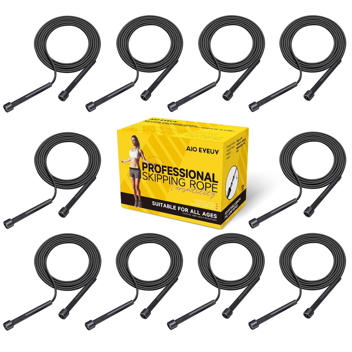 AIO EYEUY Adjustable Jump Rope for Fitness and Exercise-PVC Skipping Rope for Men,Women and Kids-Tangle-Free for Keeping Fit, Training, Workout 10 Pack Black